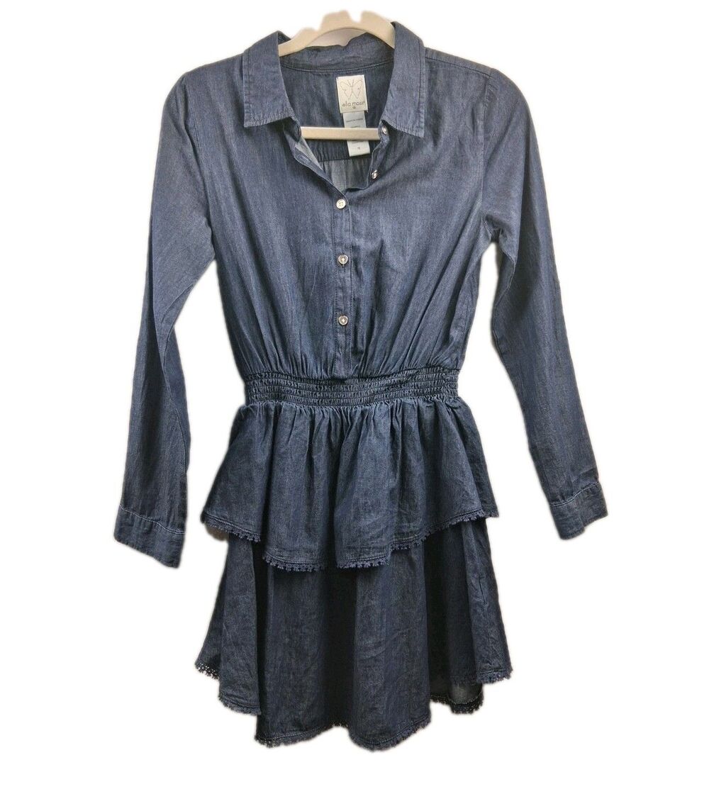 Ella Moss Denim Ruffle Dress Girls Sz 16 Long Sleeve Button Front Smocked Waist